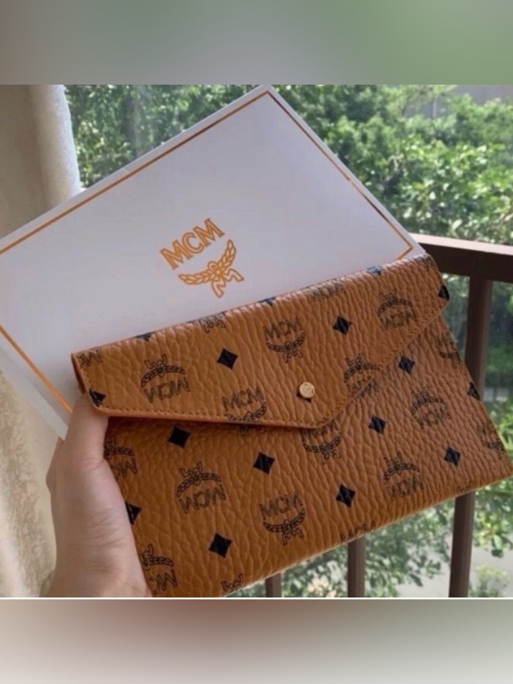 MCM GWP Coated Canvas Logo Envelope Clutxh - Tan - Picture 1 of 5